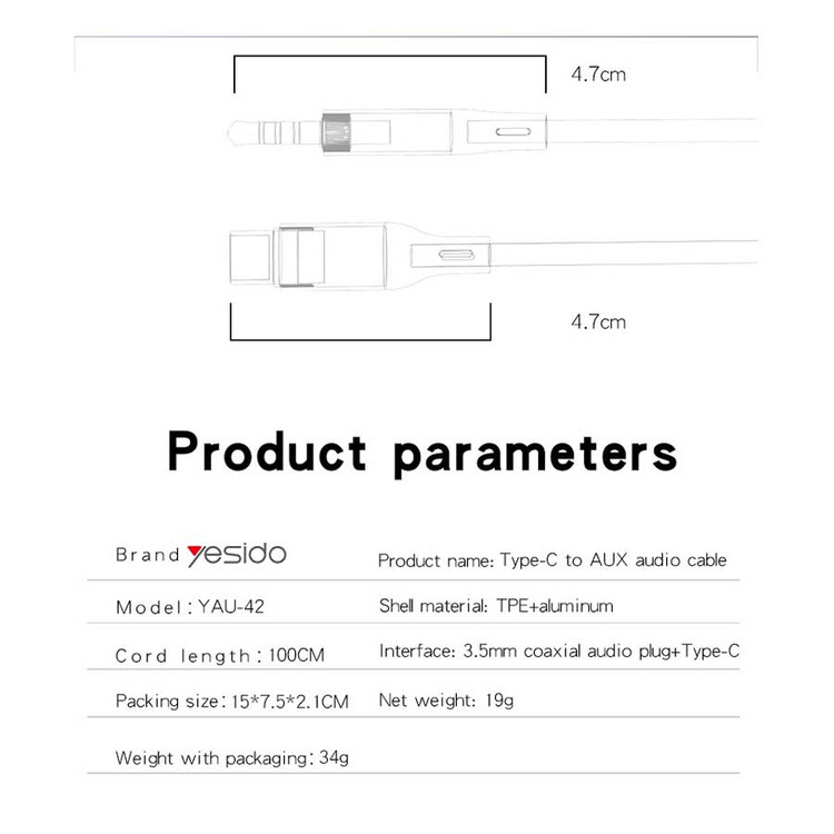 کابل تبدیل Type-C به AUX یسیدو YAU42